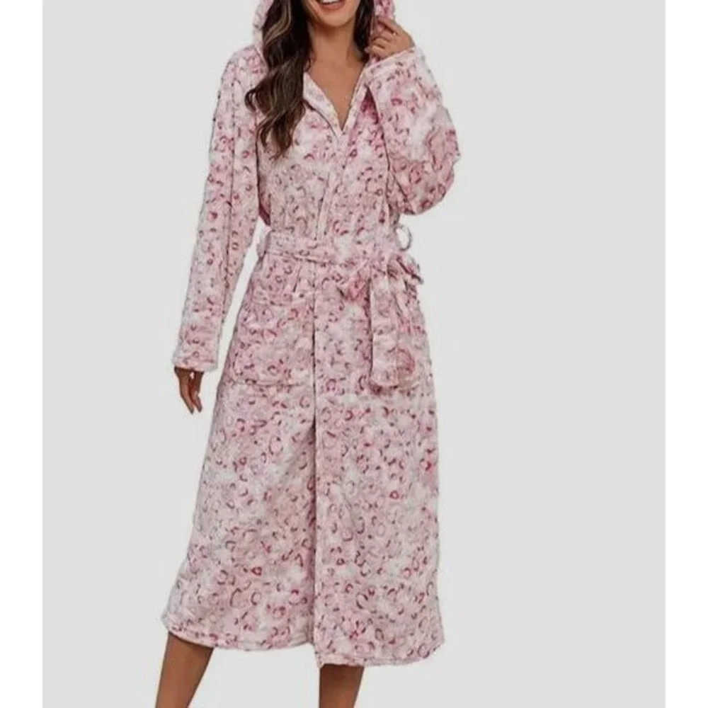 Women 2XL Pink White Print Soft Fleece Long Hooded Wrap Robe Warm Bathrobe Cozy